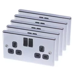 LAP 13A 2-Gang SP Switched Plug Socket Polished Chrome with Black Inserts 5 Pack