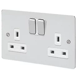 MK Edge 13A 2-Gang DP Switched Plug Socket Polished Chrome with White Inserts