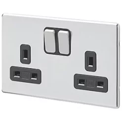 MK Aspect 13A 2-Gang DP Switched Plug Socket Polished Chrome with Black Inserts