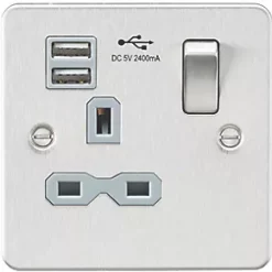 Knightsbridge FPR9124BCG 13A 1-Gang SP Switched Socket + 2.1A 2-Outlet Type A USB Charger Brushed Chrome with Colour-Matched Inserts