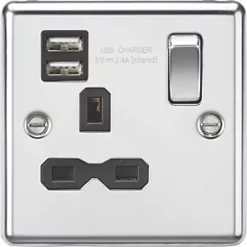 Knightsbridge CL9124PC 13A 1-Gang SP Switched Socket + 2.1A 2-Outlet Type A USB Charger Polished Chrome with Black Inserts