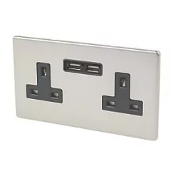 Varilight 13AX 2-Gang Unswitched Socket + 2.1A 2-Outlet Type A USB Charger Satin Chrome with Black Inserts