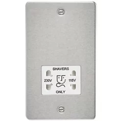 Knightsbridge FP8900BCW 2-Gang Dual Voltage Shaver Socket 115 V / 230V Brushed Chrome with White Inserts