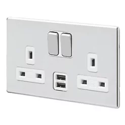 MK Aspect 13A 2-Gang DP Switched Socket + 2A 2-Outlet Type A USB Charger Polished Chrome with White Inserts