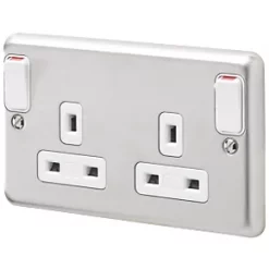 MK Albany Plus 13A 2-Gang DP Switched Plug Socket Brushed Chrome with White Inserts