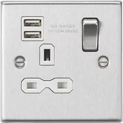 Knightsbridge CS9124BCW 13A 1-Gang SP Switched Socket + 2.1A 2-Outlet Type A USB Charger Brushed Chrome with White Inserts