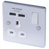 LAP 13A 1-Gang SP Switched Socket + 2.1A 2-Outlet Type A USB Charger Polished Chrome with White Inserts -Chrome Switches & Sockets Sales 2088F P