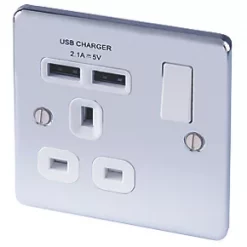 LAP 13A 1-Gang SP Switched Socket + 2.1A 2-Outlet Type A USB Charger Polished Chrome with White Inserts