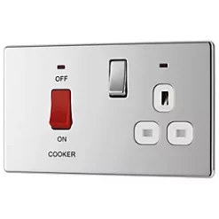 LAP 45A 2-Gang DP Cooker Switch & 13A DP Switched Socket Polished Chrome with LED with White Inserts