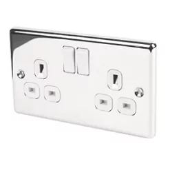 LAP 13A 2-Gang SP Switched Plug Socket Polished Chrome with White Inserts