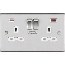 Knightsbridge CS9909BCW 13A 2-Gang DP Switched Socket + 4.0A 2-Outlet Type A & C USB Charger Brushed Chrome with White Inserts