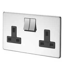 Crabtree Platinum 13A 2-Gang DP Switched Plug Socket Polished Chrome with Black Inserts