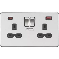 Knightsbridge SFR9909BC 13A 2-Gang DP Switched Socket + 4.0A 2-Outlet Type A & C USB Charger Brushed Chrome with Black Inserts