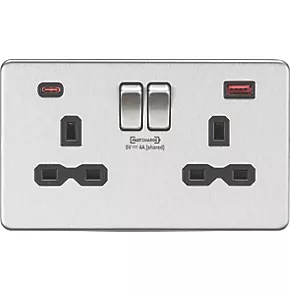 Knightsbridge SFR9909BC 13A 2-Gang DP Switched Socket + 4.0A 2-Outlet Type A & C USB Charger Brushed Chrome with Black Inserts 3 Knightsbridge SFR9909BC 13A 2-Gang DP Switched Socket + 4.0A 2-Outlet Type A & C USB Charger Brushed Chrome with Black Inserts