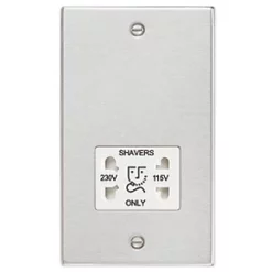 Knightsbridge CS89BCW 2-Gang Dual Voltage Shaver Socket 115 V / 230V Brushed Chrome with White Inserts