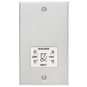 Knightsbridge CS89BCW 2-Gang Dual Voltage Shaver Socket 115 V / 230V Brushed Chrome with White Inserts 3 Knightsbridge CS89BCW 2-Gang Dual Voltage Shaver Socket 115 V / 230V Brushed Chrome with White Inserts