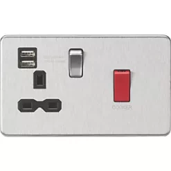 Knightsbridge SFR8333UBC 45 & 13A 1-Gang DP Cooker Switch & 13A DP Switched Socket + 2.4A 2-Outlet Type A USB Charger Brushed Chrome with Black Inserts