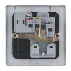 Schneider Electric Ultimate Low Profile 13A 1-Gang SP Switched Plug Socket Brushed Chrome with Black Inserts -Chrome Switches & Sockets Sales 2375J A3