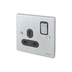 Schneider Electric Ultimate Low Profile 13A 1-Gang SP Switched Plug Socket Brushed Chrome with Black Inserts