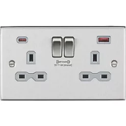 Knightsbridge CS9909BCG 13A 2-Gang DP Switched Socket + 4.0A 2-Outlet Type A & C USB Charger Brushed Chrome with Colour-Matched Inserts