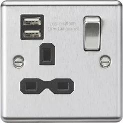 Knightsbridge CL9124BC 13A 1-Gang SP Switched Socket + 2.4A 2-Outlet Type A USB Charger Brushed Chrome with Black Inserts