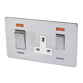 Crabtree Platinum 45 A & 13A 2-Gang DP Cooker Switch & 13A DP Switched Socket Satin Chrome with Neon with White Inserts 3 Crabtree Platinum 45 A & 13A 2-Gang DP Cooker Switch & 13A DP Switched Socket Satin Chrome with Neon with White Inserts
