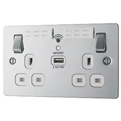 LAP 13A 2-Gang SP Switched Wi-Fi Extender Socket + 2.1A 1-Outlet Type A USB Charger Polished Chrome with White Inserts