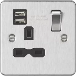 Knightsbridge FPR9124BC 13A 1-Gang SP Switched Socket + 2.4A 2-Outlet Type A USB Charger Brushed Chrome with Black Inserts