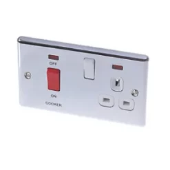 LAP 45A 2-Gang DP Cooker Switch & 13A DP Switched Socket Polished Chrome with Neon with White Inserts