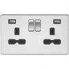 Knightsbridge SFR9224PC 13A 2-Gang SP Switched Socket + 2.4A 2-Outlet Type A USB Charger Polished Chrome with Black Inserts -Chrome Switches & Sockets Sales 282TX P