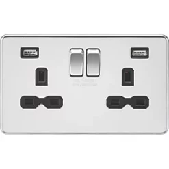 Knightsbridge SFR9224PC 13A 2-Gang SP Switched Socket + 2.4A 2-Outlet Type A USB Charger Polished Chrome with Black Inserts