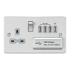 Knightsbridge FPR7USB4BCG 13A 1-Gang SP Switched Socket + 5.1A 4-Outlet Type A USB Charger Brushed Chrome with Colour-Matched Inserts