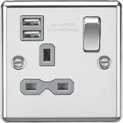 Knightsbridge CL9124PCG 13A 1-Gang SP Switched Socket + 2.1A 2-Outlet Type A USB Charger Polished Chrome with Colour-Matched Inserts