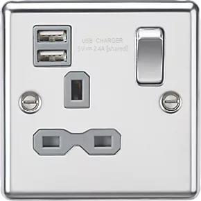 Knightsbridge CL9124PCG 13A 1-Gang SP Switched Socket + 2.1A 2-Outlet Type A USB Charger Polished Chrome with Colour-Matched Inserts 3 Knightsbridge CL9124PCG 13A 1-Gang SP Switched Socket + 2.1A 2-Outlet Type A USB Charger Polished Chrome with Colour-Matched Inserts