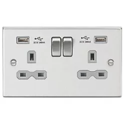 Knightsbridge CS9224BCG 13A 2-Gang SP Switched Socket + 2.4A 2-Outlet Type A USB Charger Brushed Chrome with Colour-Matched Inserts