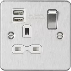 Knightsbridge FPR9124BCW 13A 1-Gang SP Switched Socket + 2.1A 2-Outlet Type A USB Charger Brushed Chrome with White Inserts