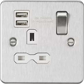 Knightsbridge FPR9124BCW 13A 1-Gang SP Switched Socket + 2.1A 2-Outlet Type A USB Charger Brushed Chrome with White Inserts 3 Knightsbridge FPR9124BCW 13A 1-Gang SP Switched Socket + 2.1A 2-Outlet Type A USB Charger Brushed Chrome with White Inserts