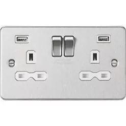 Knightsbridge FPR9224BCW 13A 2-Gang SP Switched Socket + 2.4A 2-Outlet Type A USB Charger Brushed Chrome with White Inserts