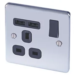 LAP 13A 1-Gang SP Switched Socket + 2.1A 2-Outlet Type A USB Charger Polished Chrome with Black Inserts