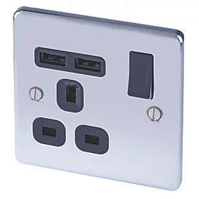 LAP 13A 1-Gang SP Switched Socket + 2.1A 2-Outlet Type A USB Charger Polished Chrome with Black Inserts 3 LAP 13A 1-Gang SP Switched Socket + 2.1A 2-Outlet Type A USB Charger Polished Chrome with Black Inserts