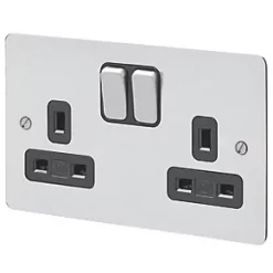 MK Edge 13A 2-Gang DP Switched Plug Socket Polished Chrome with Black Inserts