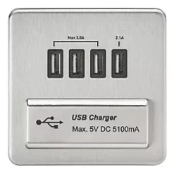 Knightsbridge SFQUADBC 5.1A 4-Outlet Type A USB Socket Brushed Chrome with Black Inserts