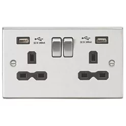 Knightsbridge CS9224BC 13A 2-Gang SP Switched Socket + 2.4A 2-Outlet Type A USB Charger Brushed Chrome with Black Inserts