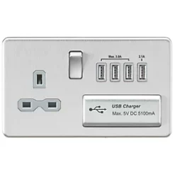 Knightsbridge SFR7USB4BCG 13A 1-Gang SP Switched Socket + 5.1A 4-Outlet Type A USB Charger Brushed Chrome with Colour-Matched Inserts