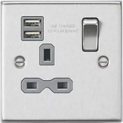 Knightsbridge CS9124BCG 13A 1-Gang SP Switched Socket + 2.1A 2-Outlet Type A USB Charger Brushed Chrome with Colour-Matched Inserts
