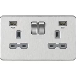 Knightsbridge SFR9904NBCG 13A 2-Gang SP Switched Socket + 2.4A 2-Outlet Type A USB Charger Brushed Chrome with Colour-Matched Inserts