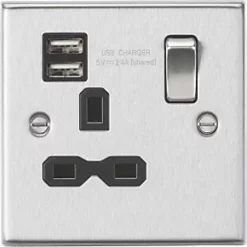 Knightsbridge CS9124BC 13A 1-Gang SP Switched Socket + 2.1A 2-Outlet Type A USB Charger Brushed Chrome with Black Inserts