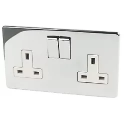 Crabtree Platinum 13A 2-Gang DP Switched Plug Socket Polished Chrome with White Inserts