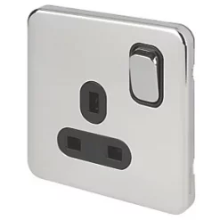 Schneider Electric Lisse Deco 13A 1-Gang DP Switched Plug Socket Polished Chrome with Black Inserts