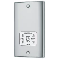 British General Nexus Metal 2-Gang Dual Voltage Shaver Socket 115 / 240V Polished Chrome with White Inserts